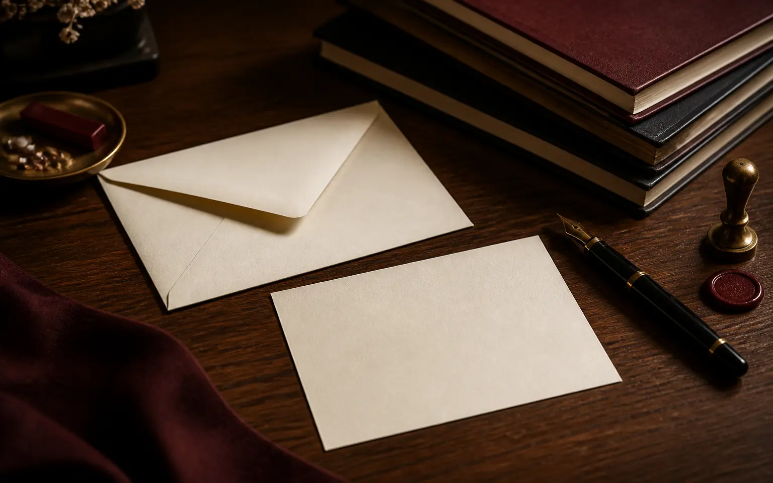 Editorial correspondence arranged on a dark writing desk