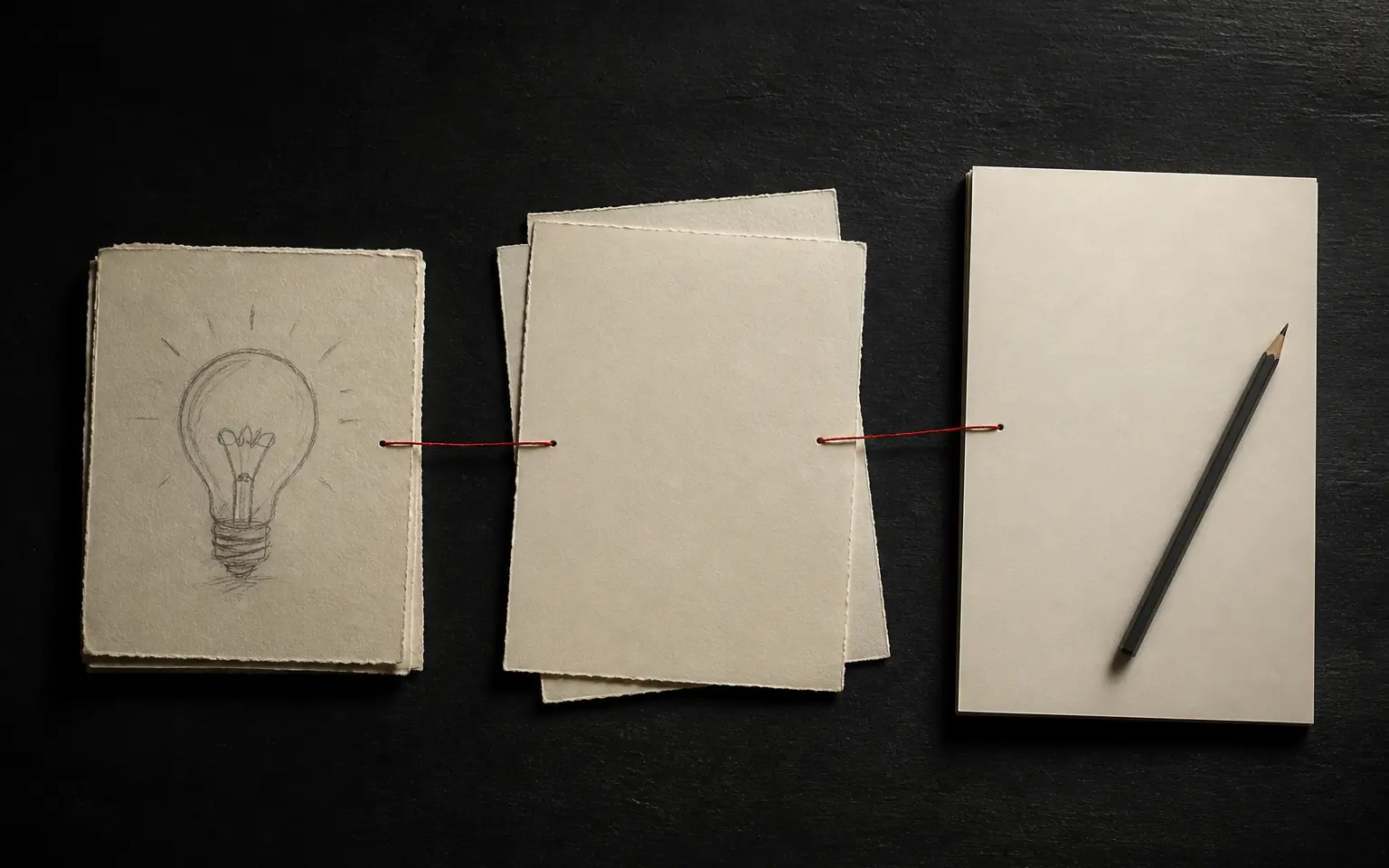 Blank essay pages connected by a restrained editorial thread