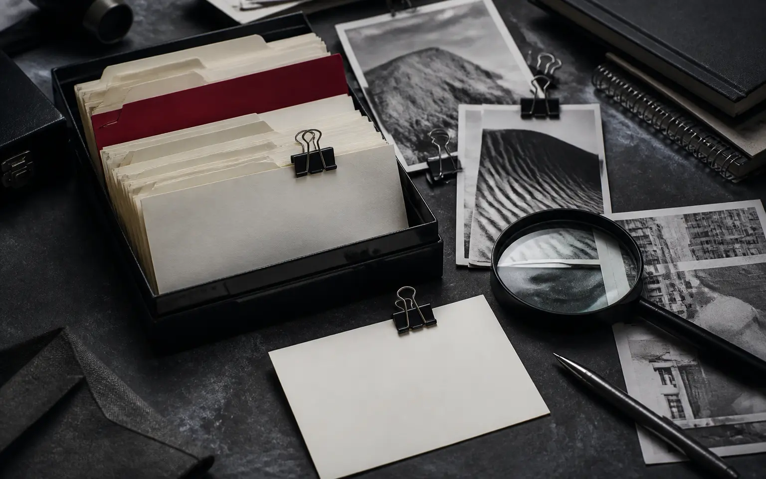 Research archive with index cards and reference photographs