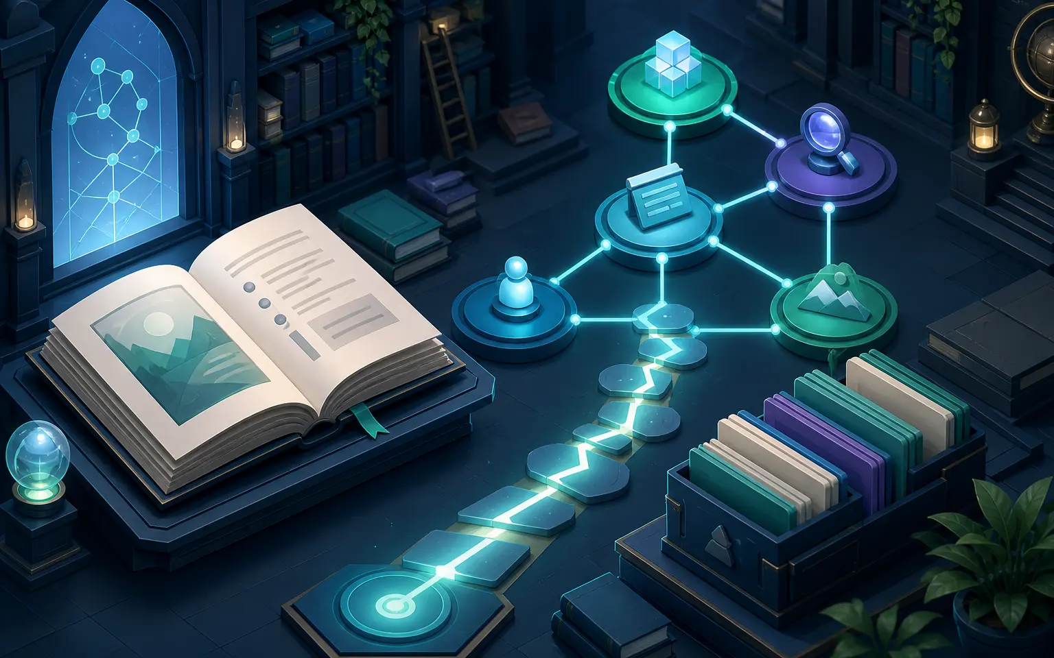 Illuminated learning path through an organized knowledge library