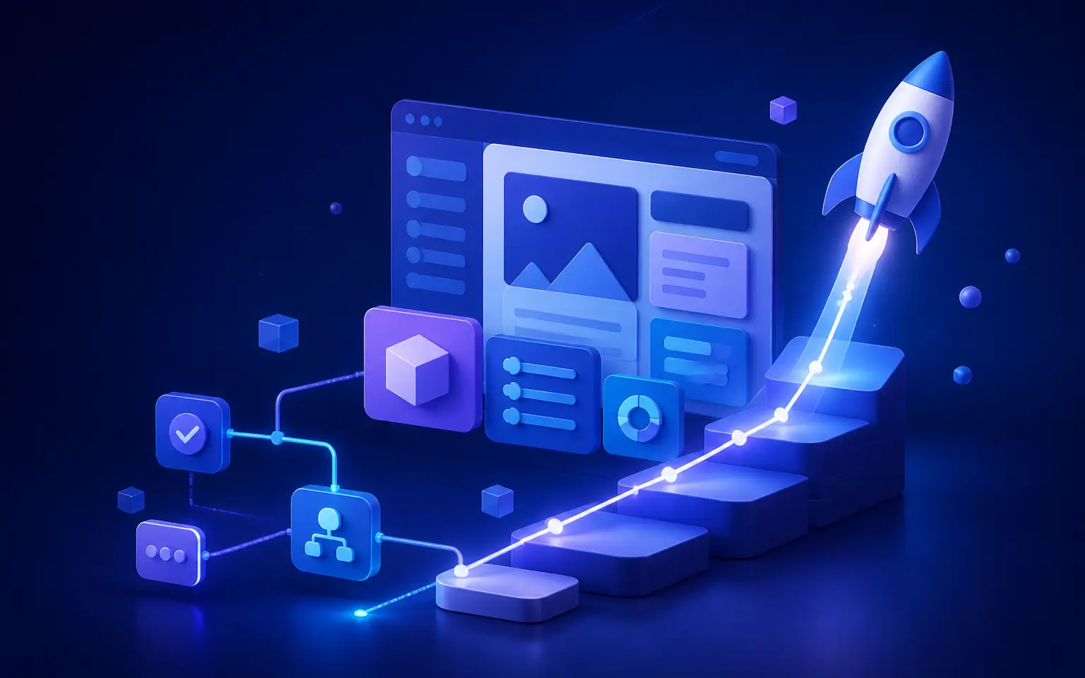 Modular product launch workspace with a rising release path