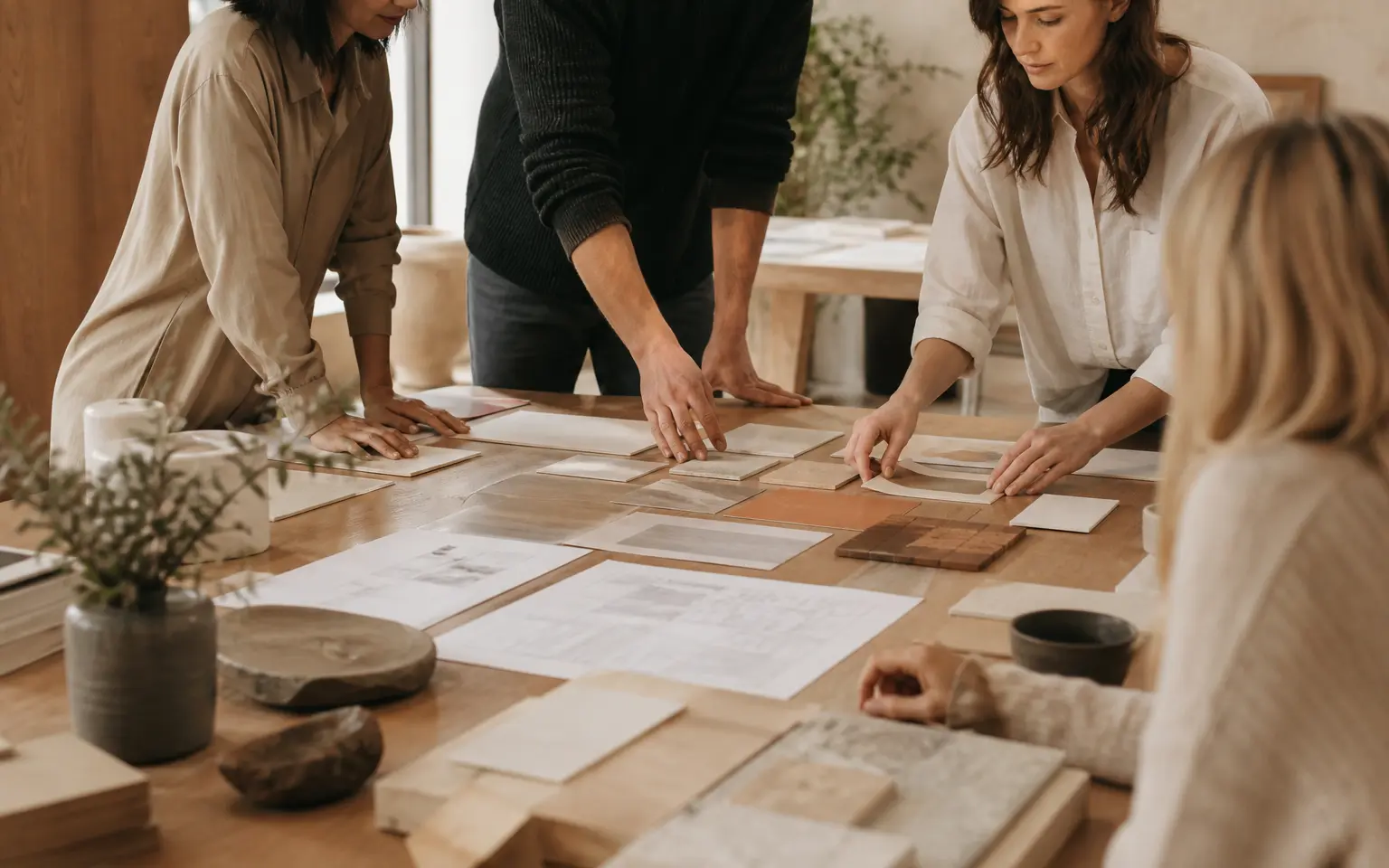 Collaborators working together around a studio project table