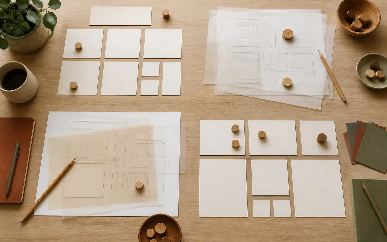 Organized discovery workshop materials on a studio table